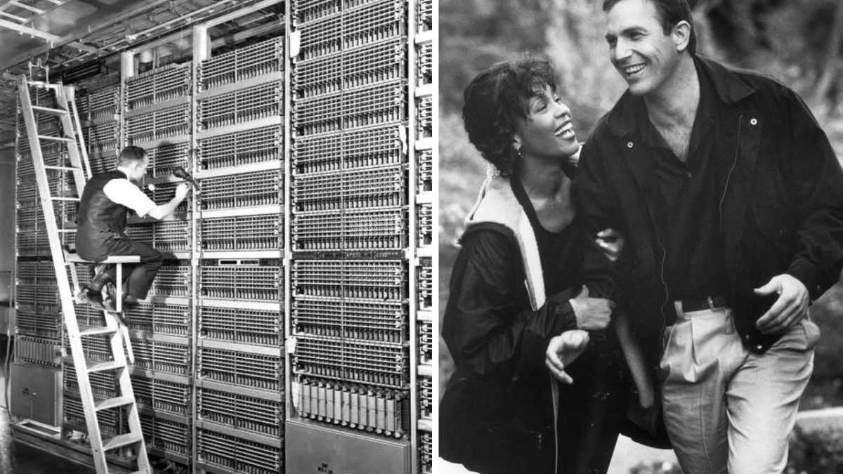 Ľavá strana: Technik pracuje na historickom telefónnom prepínači. Pravá strana: Usmievajúci sa pár v prírode.