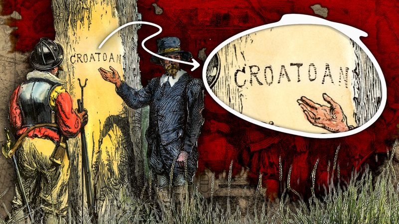 Dvaja muži skúmajú nápis Croatoan vyrytý do stromu, historická ilustrácia záhadného zmiznutia kolónie Roanoke.