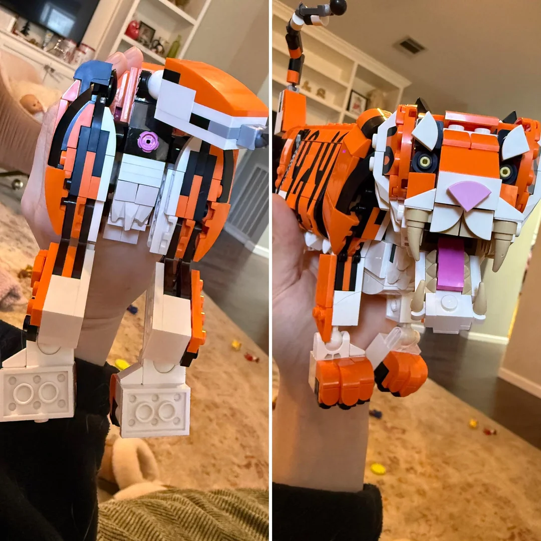 LEGO model tigra zobrazený spredu a zozadu, držiaci ho ruka v izbe.