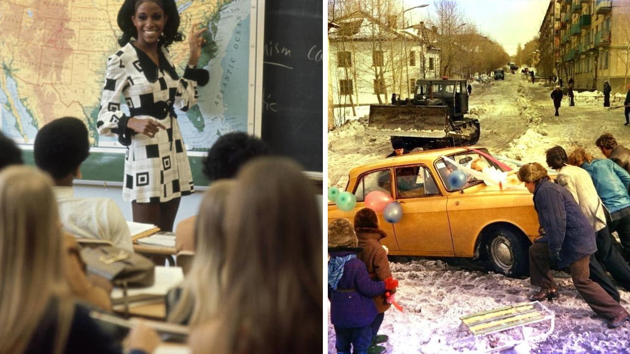 Učiteľka ukazuje na mapu USA, študenti sledujú. Skupina ľudí tlačí auto na zasneženej ceste.