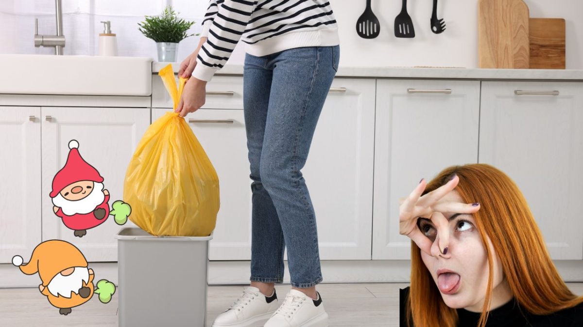 Osoba v kuchyni s odpadkovým vreckom, výraz znechutenia, humorné kreslené postavičky symbolizujú zápach.
