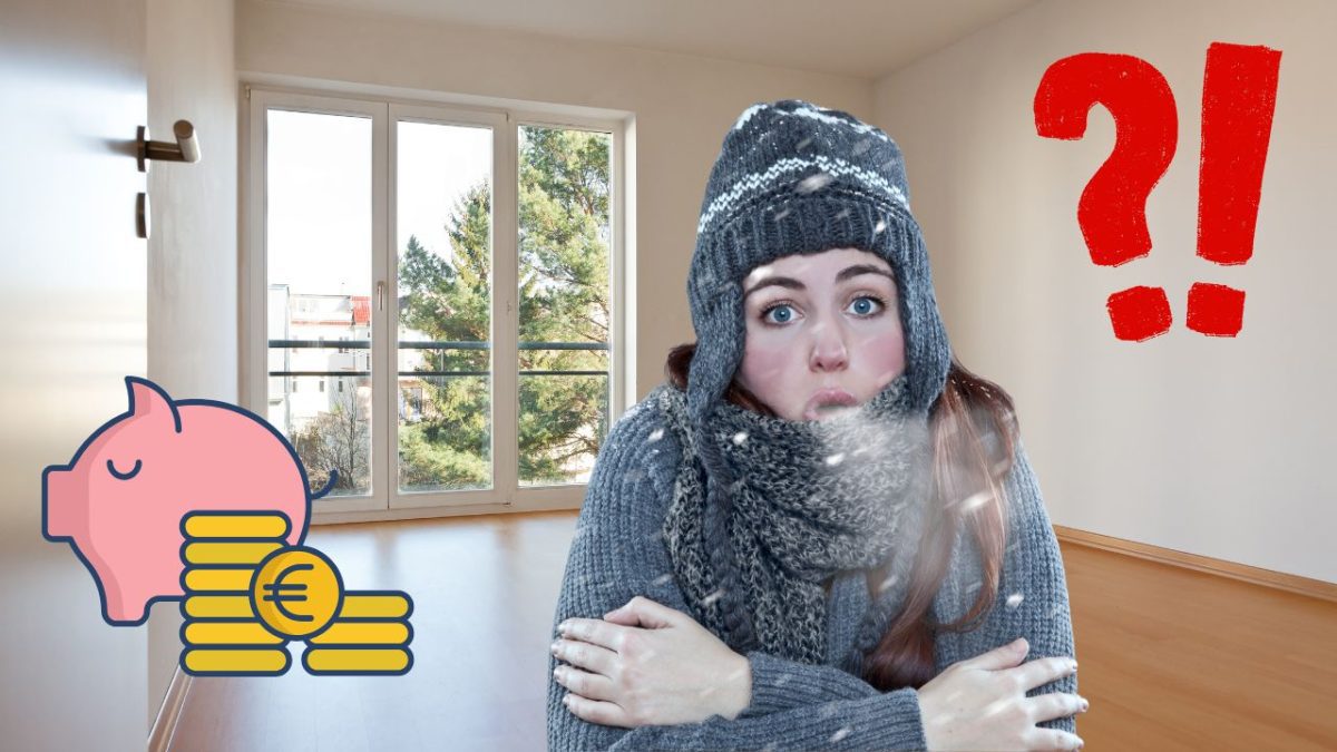 Žena v zimnom oblečení v prázdnej miestnosti, úspory na vykurovaní, otázniky naznačujú prekvapenie.