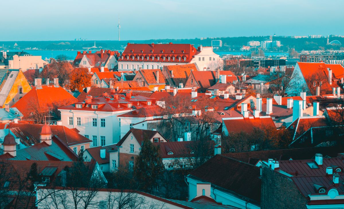 A vibrant aerial view of Tallinn's historic rooftops in Estonia, showcasing rich architectural detail.